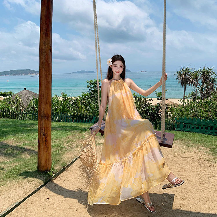 【ワンピース】リゾート風 イエロー ノースリーブ 花柄ワンピース レディース 夏 背中開き ロング丈 海コーデ 大人可愛い【SHシリーズ】