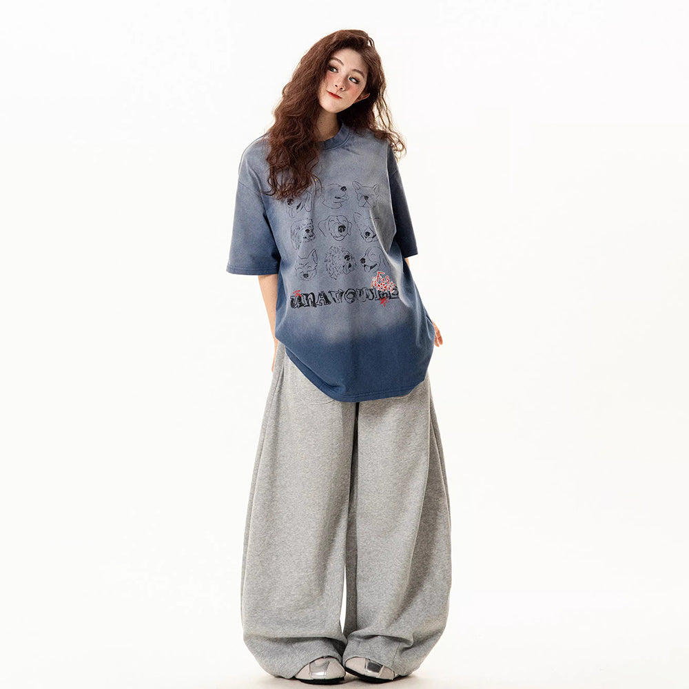 【トップス】レトロ加工 ドッグプリント 半袖Tシャツ レディース 夏 新作 ゆったり デザイン感 カジュアル【FCシリーズ】【15〜20日発送】