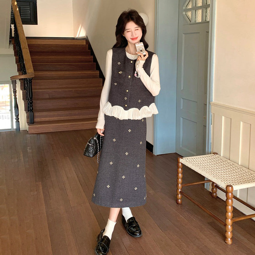 2点セット!【セットアップ】シャネル風 刺繍ベスト&スカート 上下セット 2026春新作 上品 レディース【SHシリーズ】