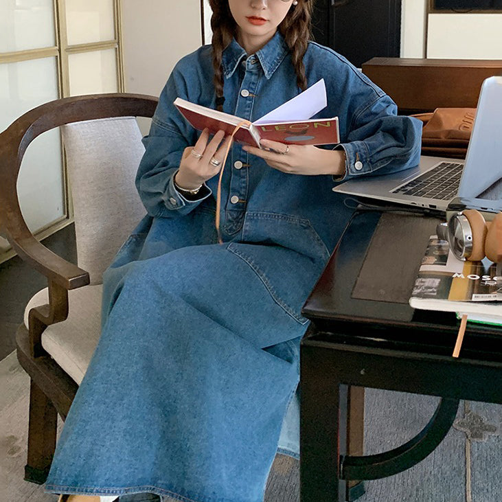 【ワンピース】春秋冬 ミドル丈 お腹カバー ゆったり 着痩せ 大きいサイズ デニム 長袖ワンピース