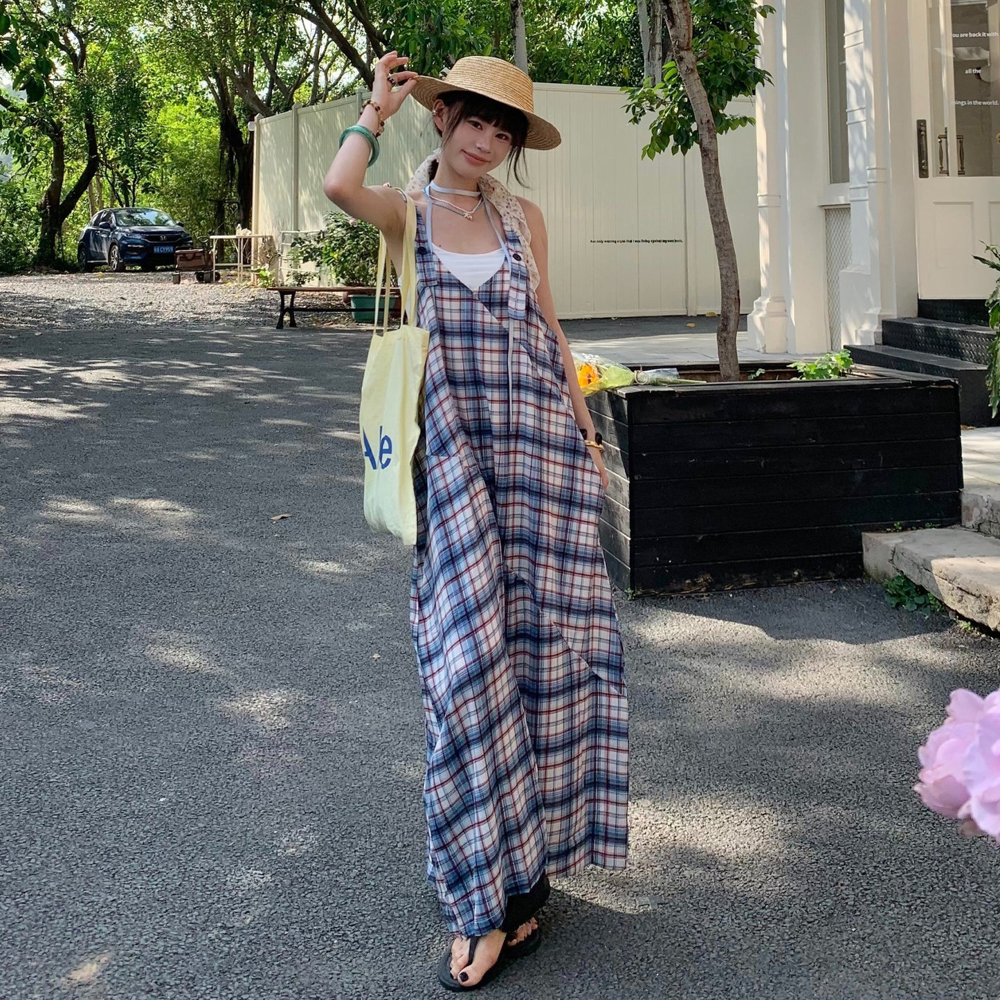 【ボトムス】ゆったりリラックス感 Vネック レトロチェック柄 オールインワン【SHシリーズ】