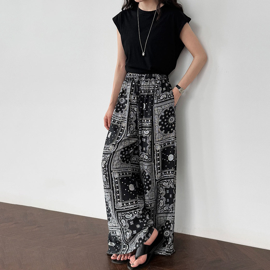 【ボトムス】ボヘミアンプリント レトロエスニック風 ワイドパンツ【JZシリーズ】