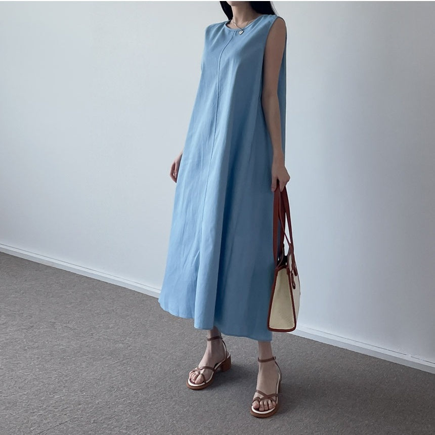 【ワンピース】夏 ルーズ ボタン付き デニム ノースリーブ ワンピース