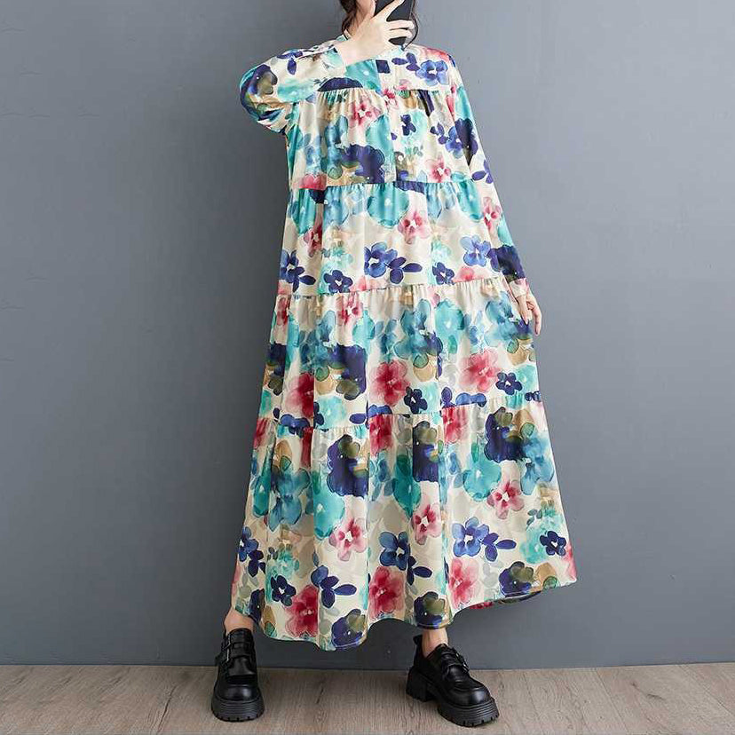 【ワンピース】春秋冬 大きいサイズ ゆったり スリム効果 花柄 長袖ワンピース【SHシリーズ】