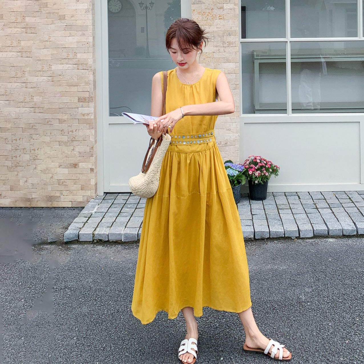 【ワンピース】ノースリーブ ワンピース レディース 夏 フレンチ風 ウエストマーク ロングワンピース 細見え 上品 フェミニン【JZシリーズ】