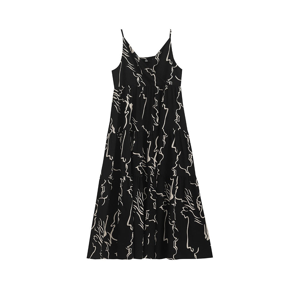 【ワンピース】韓国風 ヴィンテージ 気質 アブストラクトラインプリント ノースリーブワンピース【SHシリーズ】