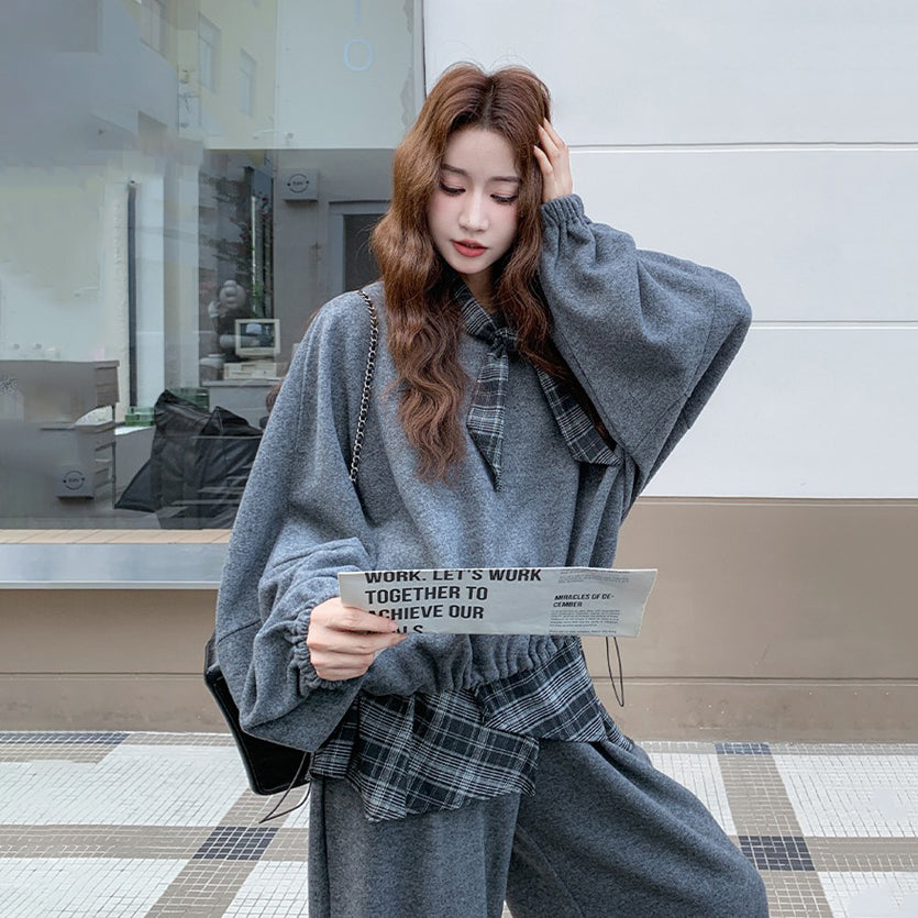 2点セット!【セットアップ】韓系 学院スタイル チェック柄 スウェット+ワイドパンツ 上下セット 若見え お洒落【JZシリーズ】