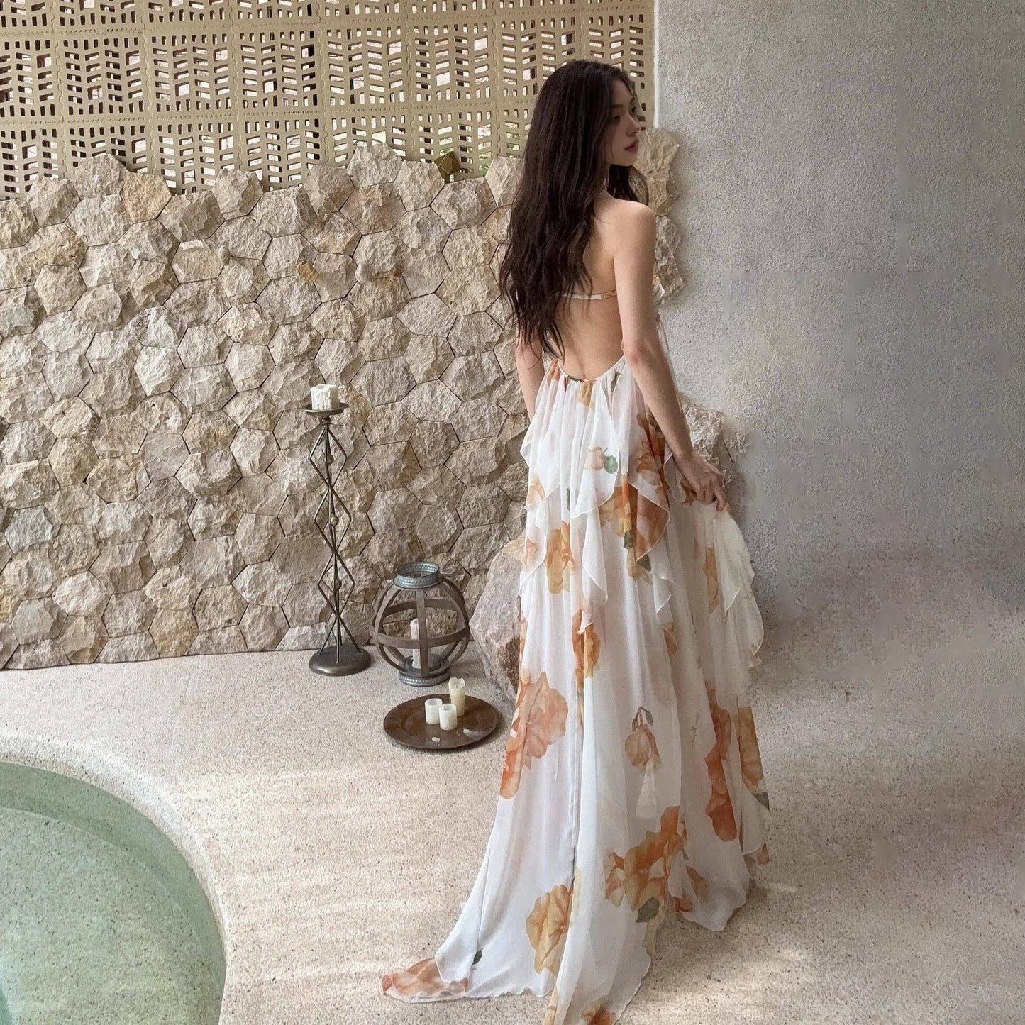 【ワンピース】フレンチ ホルターネック ベアトップ ノースリーブドレス|バックレス リボン 2026新作|海辺 ビーチ リゾート ロング丈 映えワンピース【SHシリーズ】