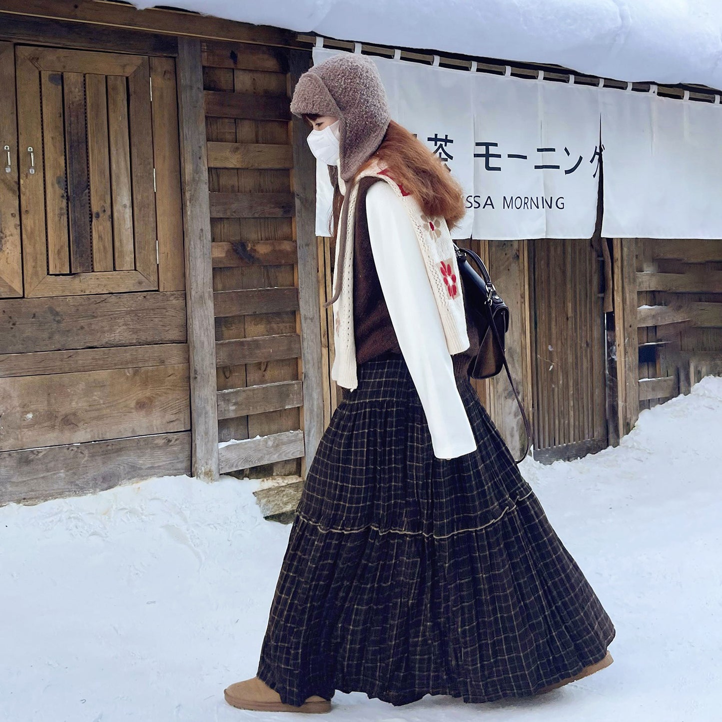 【ボトムス】チェック柄 フレアロングスカート 裏起毛 秋冬 新作 レトロ 細見え【SHシリーズ】