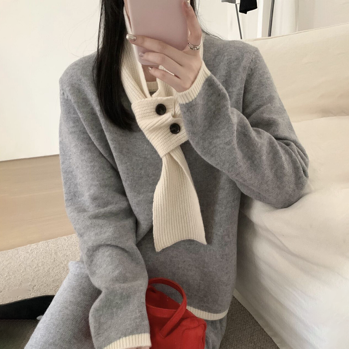 【セットアップ】韓国風 リラックス 配色デザイン ツイード風 ニットトップス+ミニスカート+マフラー 3点上下セット レディース【JZシリーズ】