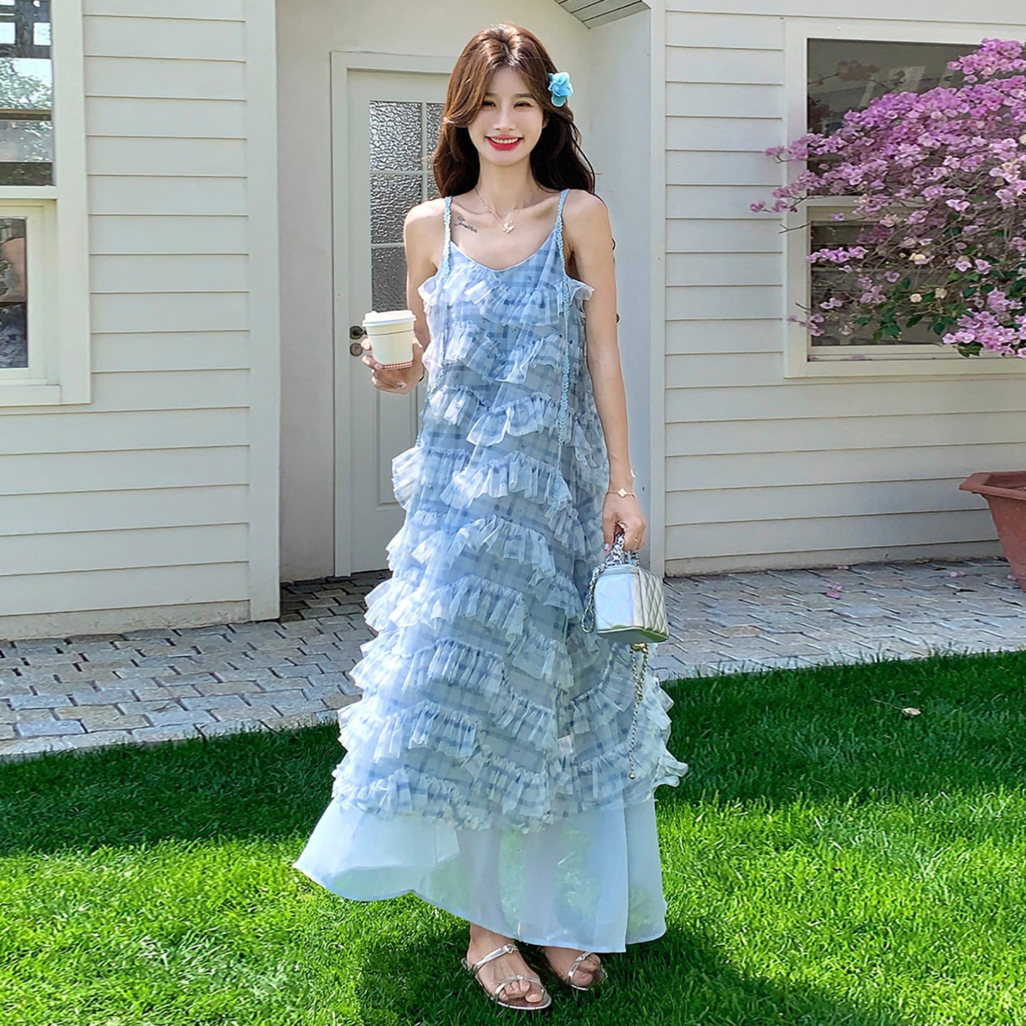 【ワンピース】カラフルチュール切替シフォンキャミワンピース レディース 夏新作 リゾート ティアード ロング丈 体型カバー おしゃれ【SHシリーズ】