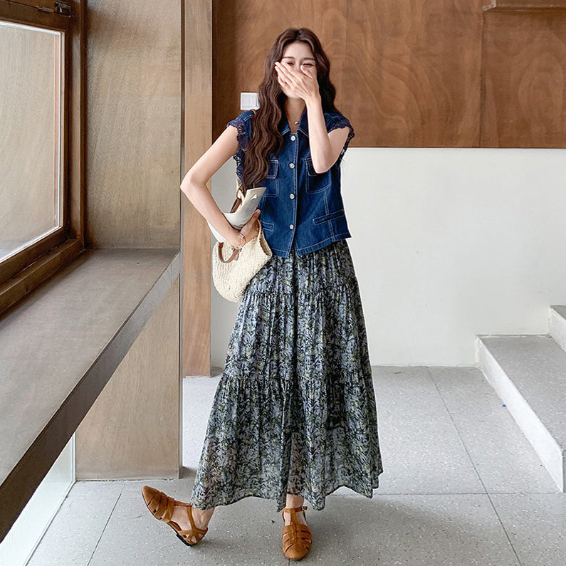 2点セット!【セットアップ】デニムベスト+花柄ミモレ丈スカート 上下セット|大人可愛い上品コーデ【SHシリーズ】