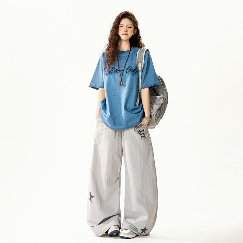 【トップス】アメリカンレトロ ロゴ アップリケ刺繍 Tシャツ レディース 夏 半袖 クルーネック オーバーサイズ ゆったり デザインカットソー【FCシリーズ】