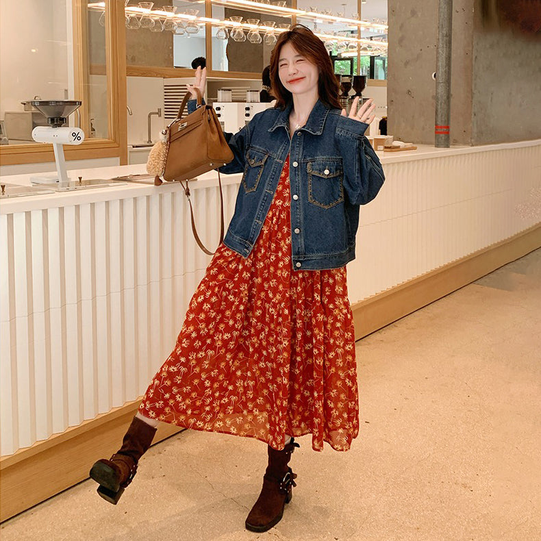 【セットアップ 】超可愛い レトロデニムジャケット+花柄キャミワンピース レディース おしゃれ 人気ノースリーブワンピース【SHシリーズ】