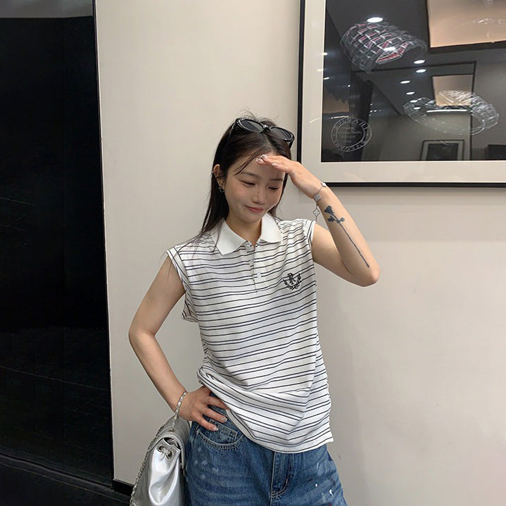 【トップス】アメリカンレトロ ボーダー柄 ポロカラーノースリーブTシャツ レディース カジュアル ストリート系 こなれ感【FCシリーズ】