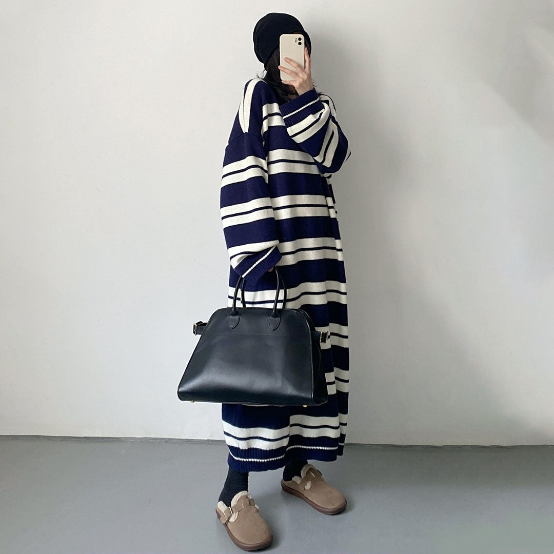 【10~15日内発送】【ワンピース】冬 日系 しま模様 着痩せ ファッション 合わせやすい 長袖ワンピース 【FCシリーズ】