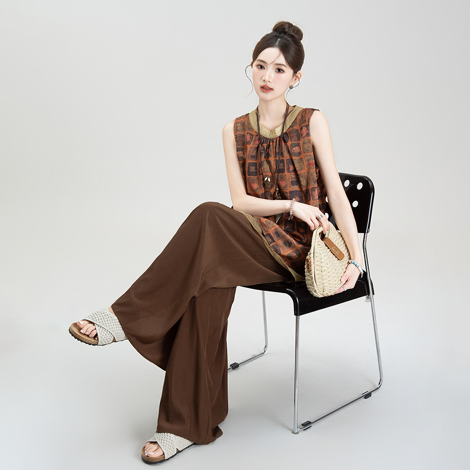 2点セット!【セットアップ】夏新作 モダンチャイナ風プリント ノースリーブトップス+ハイウエストワイドスカートパンツ 上下セット【JZシリーズ】