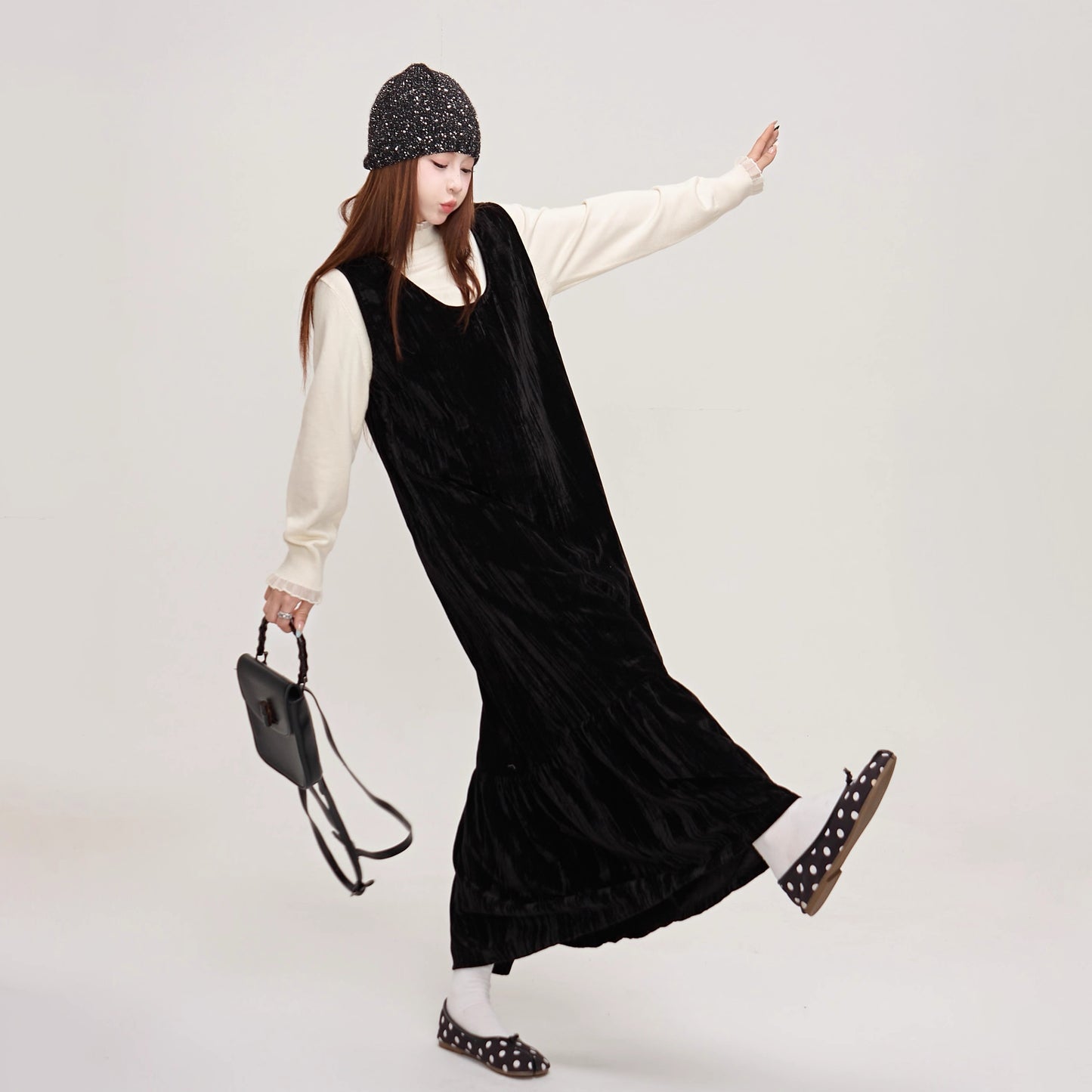 【ワンピース】上品&高見え♡ブラックベルベット ノースリーブワンピース ロングベストワンピ レディース 秋冬気品【JZシリーズ】