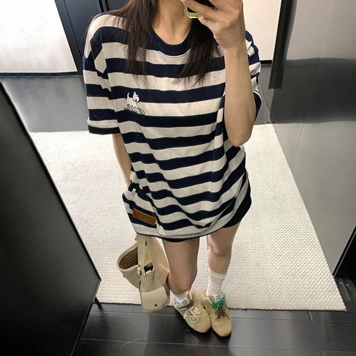 【トップス】ストライプ Tシャツ レディース 夏 半袖 カートゥーン ゆったり オーバーサイズ クルーネック 人気 リラックスコーデ【FCシリーズ】