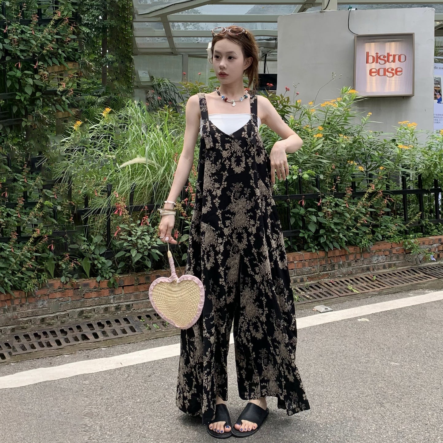 【ボトムス】夏新作 チャイナ風 ゆったりカジュアル ルーズ感たっぷり Vネックキャミオールインワン【SHシリーズ】