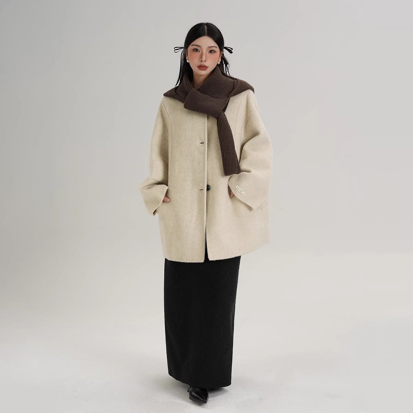 【アウター】高品質 ウール100% ニットカラー ミドルコート レディース【JZシリーズ】