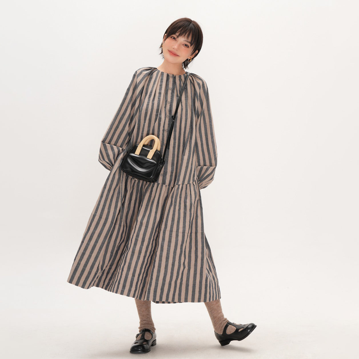 【ワンピース】ストライプ ワンピース 秋 オリジナル 日本風 ゆったり ミディアム丈 長袖 ロングワンピース【SHシリーズ】【JZシリーズ】【15-25日発送】