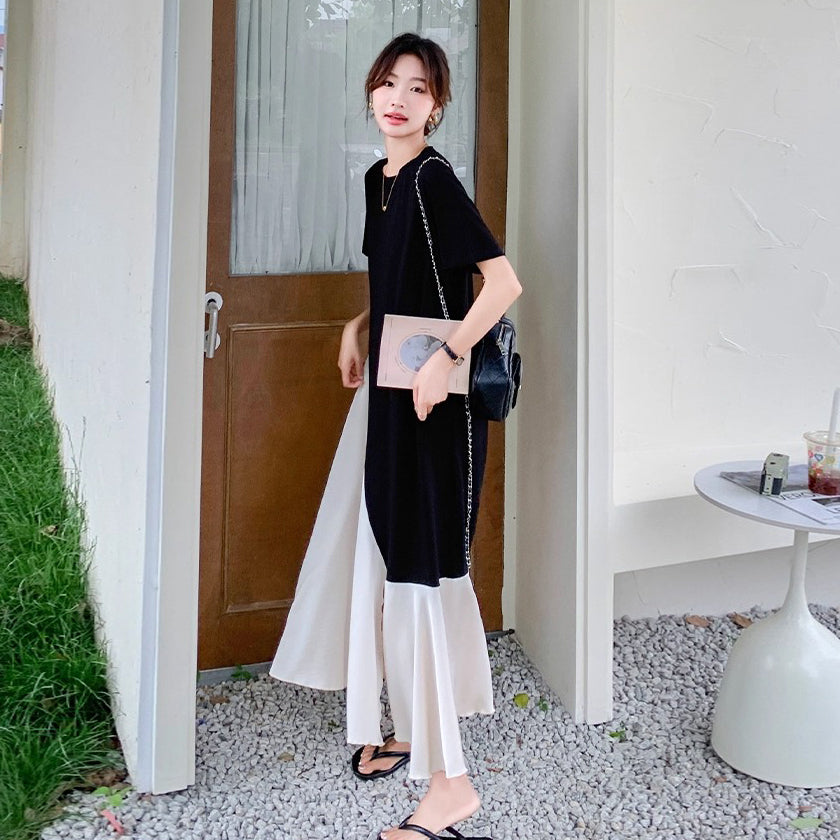 【ワンピース】個性配色切り替えアシンメトリー半袖 Tシャツワンピース 夏 ゆったりロング丈【JZシリーズ】