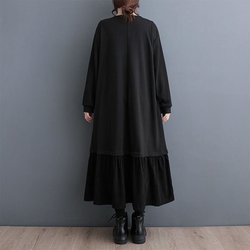 【60%OFF⭐️早い者勝ち】【ワンピース】秋冬 ダーク系 コーデュロイ 切替 ゆったり 長袖 ロングワンピース 暖かい【AHシリーズ】