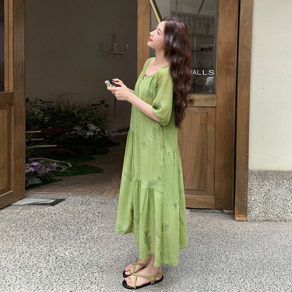 【ワンピース】森系 重工刺繍 パフスリーブ 夏 フレンチ風 半袖ワンピース【SHシリーズ】