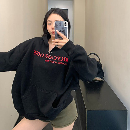 【トップス】ルーズ ラフ 小众デザイン 安全ピン Vネック フード付き スウェット レディース パーカー【FCシリーズ】