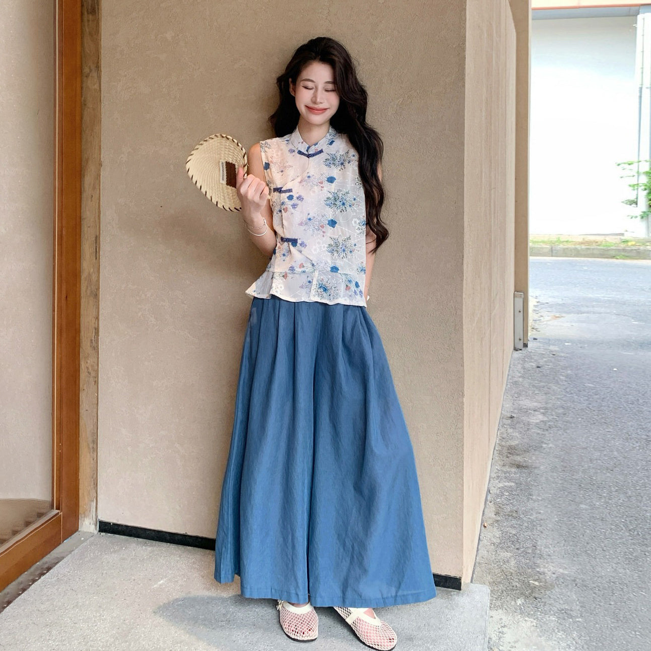 2点セット!【セットアップ】チャイナ風 上下セット レディース 夏 立体刺繍 ノーカラートップス ワイドパンツ きれいめ【SHシリーズ】
