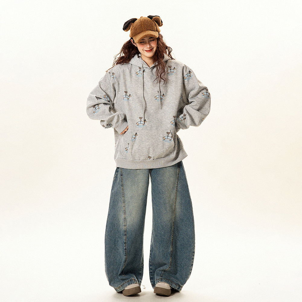 【トップス】ヴィンテージ調 小犬モチーフ フードパーカー 春秋 男女兼用 ゆったり カジュアル【FCシリーズ】