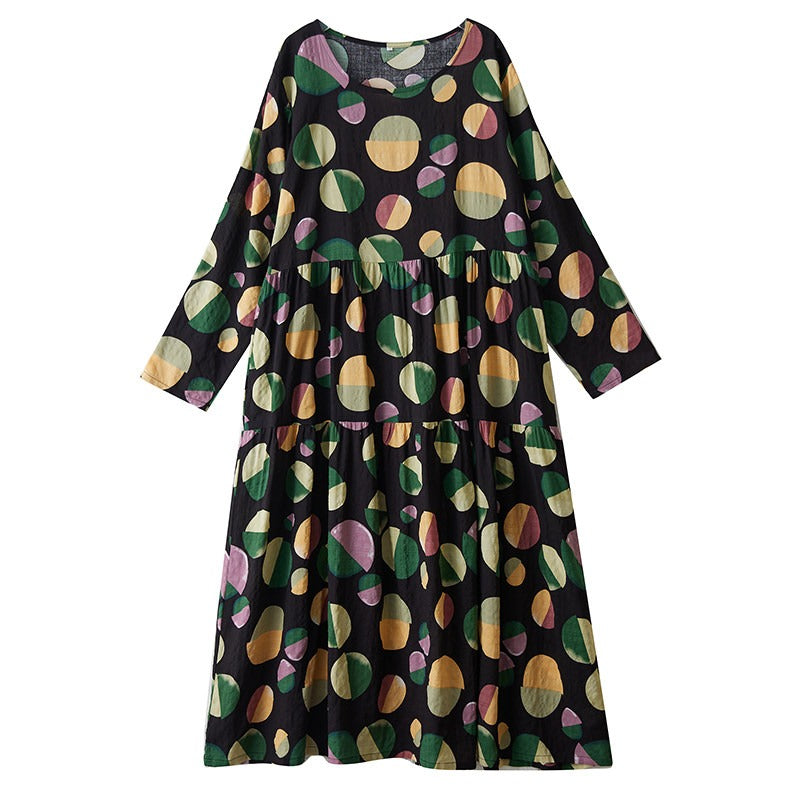 【ワンピース】ドット柄 クルーネック 長袖ワンピース ゆったり 大きいサイズ ボヘミアン リゾート風【SHシリーズ】