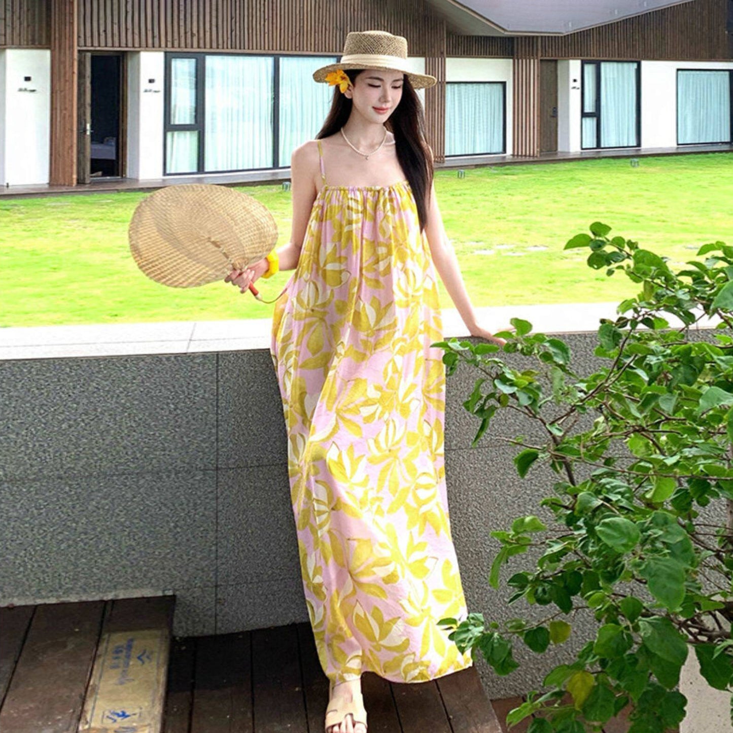【ワンピース】リゾート風 プリント キャミソールワンピース レディース 夏 ロング丈 ゆったり ノースリーブ ビーチワンピース 海辺コーデ【SHシリーズ】