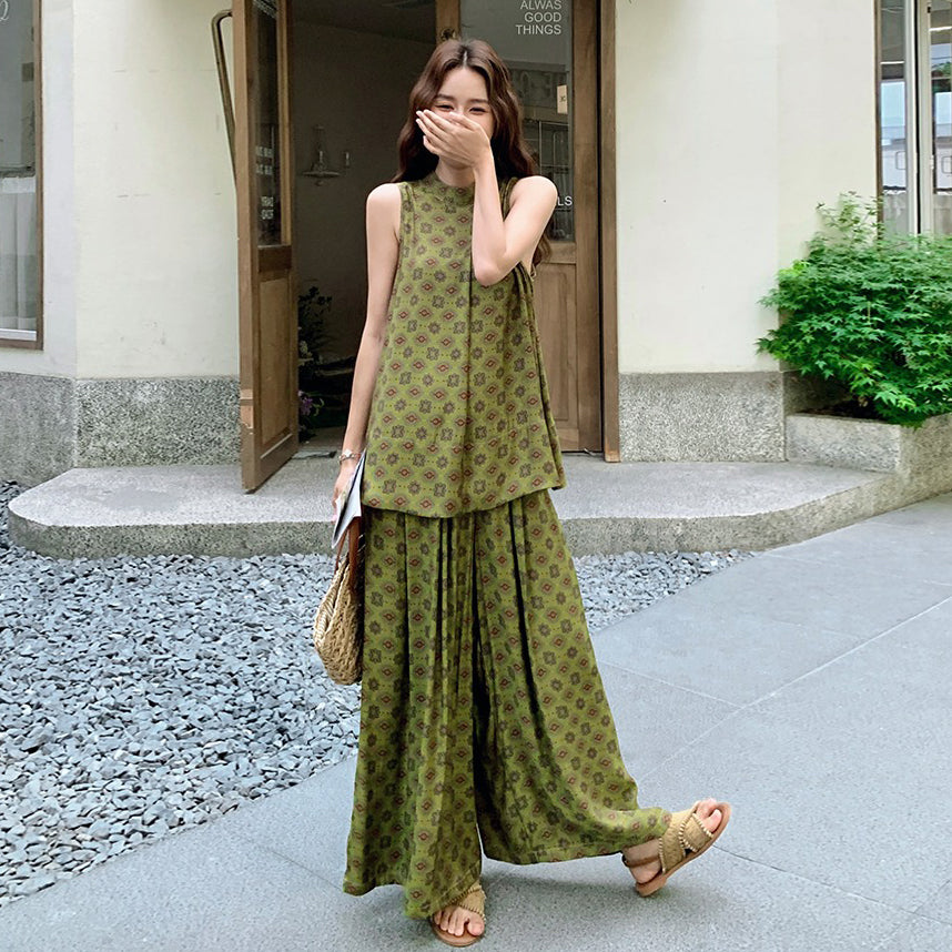 2点セット!【セットアップ】小花柄ノースリーブトップス+ワイドパンツ 上下セット レディース 夏用 おしゃれ映えコーデ【SHシリーズ】