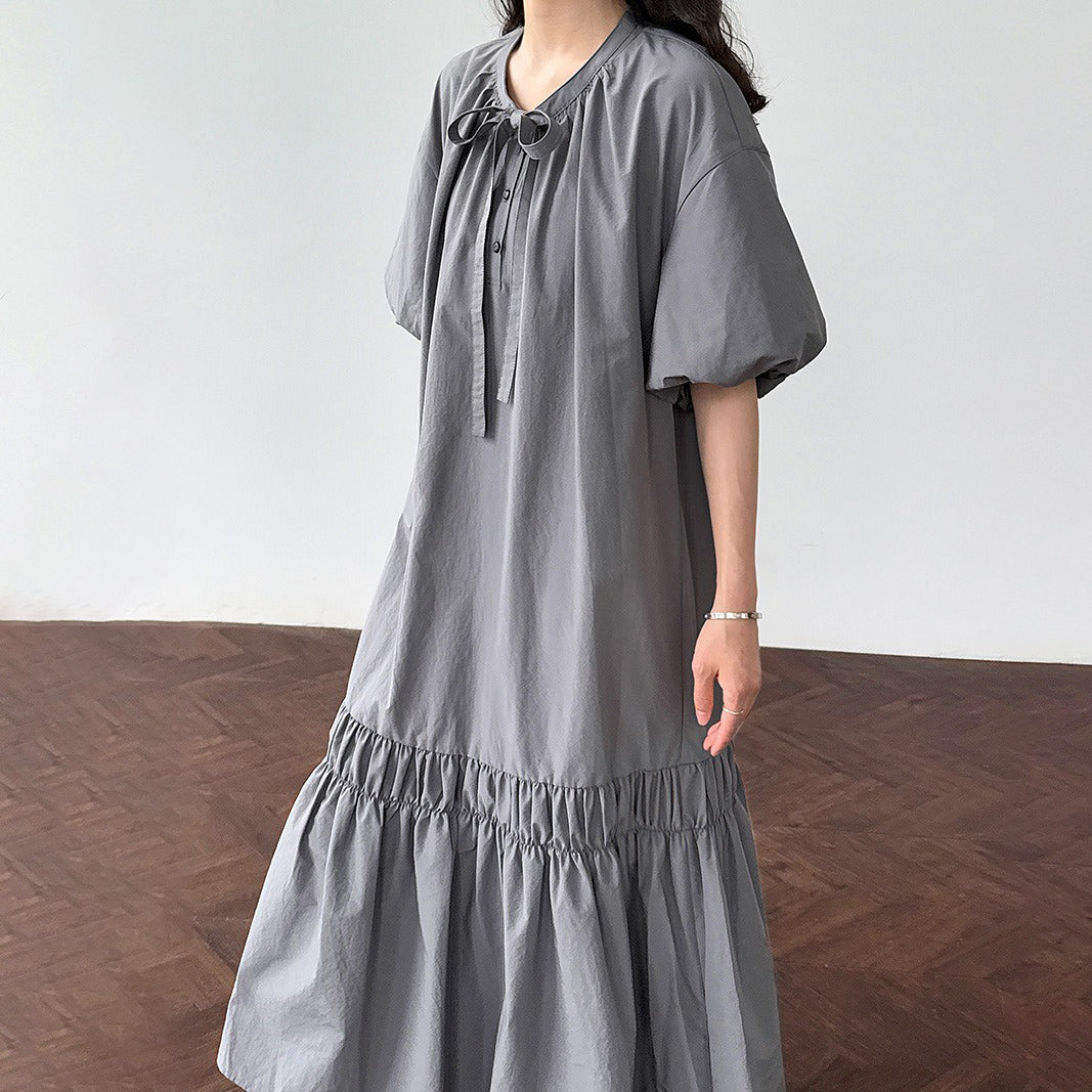 【ワンピース】韓系リボン付きパフスリーブ 細見え 切り替え 半袖ワンピース 【JZシリーズ】