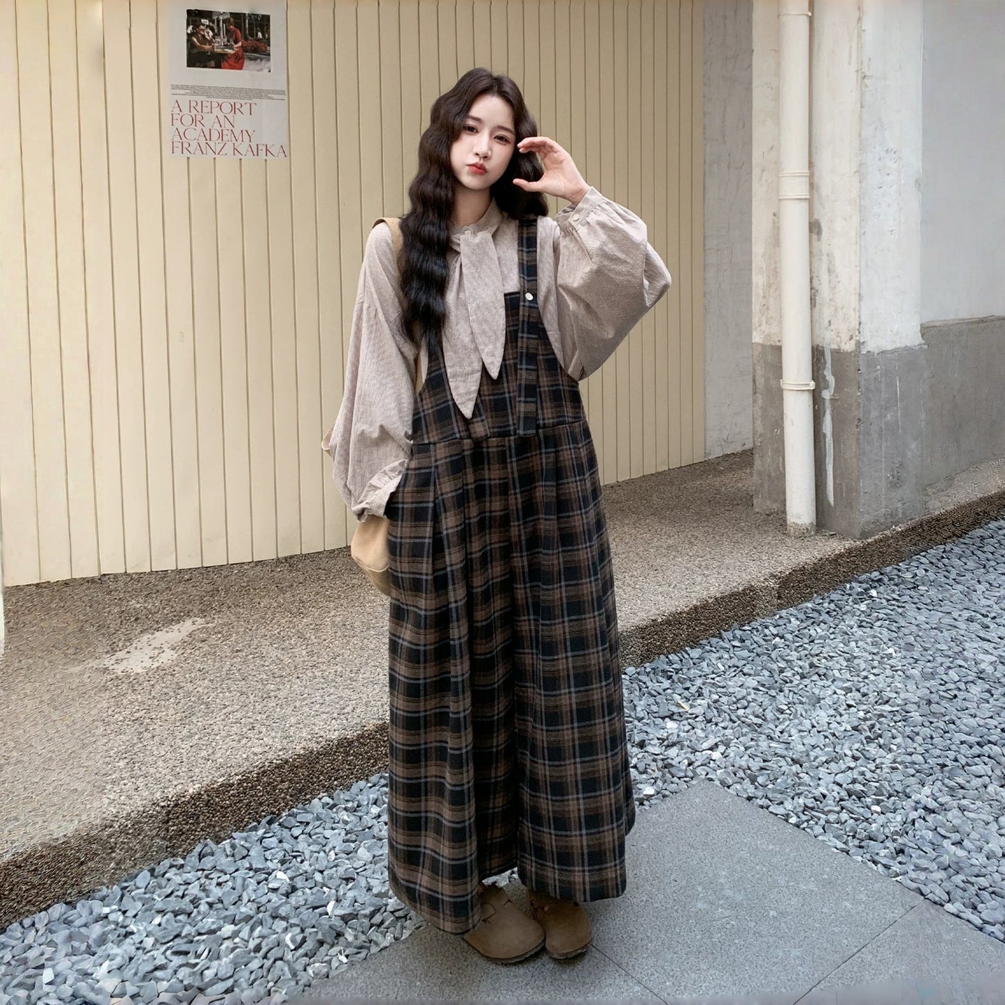 【セットアップ】カジュアル ゆったり 着痩せ チェック ワイド シャツ+サロペットパンツ 2点セット【JZシリーズ】