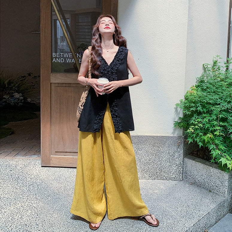 2点セット!【セットアップ】オードリー風 フリルVネック タンクトップ+ハイウエストワイドパンツ 上下セット