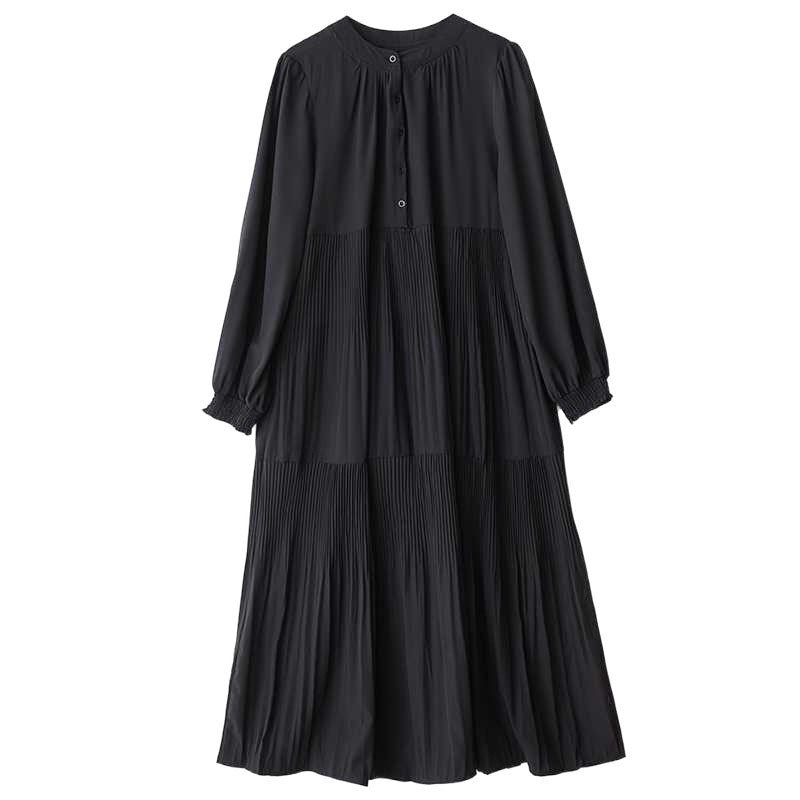 【ワンピース】春秋 ダーク系 プリーツ ルーズフィット モダン 無地 長袖ワンピース【AHシリーズ】