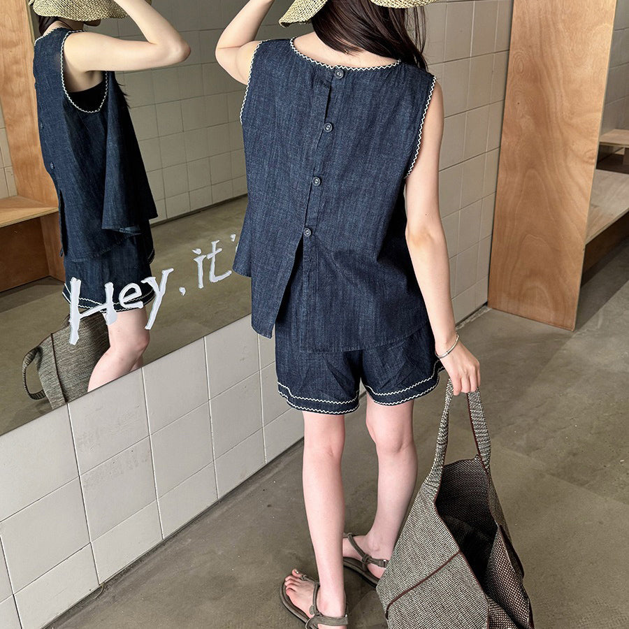 2点セット!【セットアップ】夏新作 韓国風 ベスト+ウエストゴムショートパンツ 配色デニム 上下セットアップ【JZシリーズ】