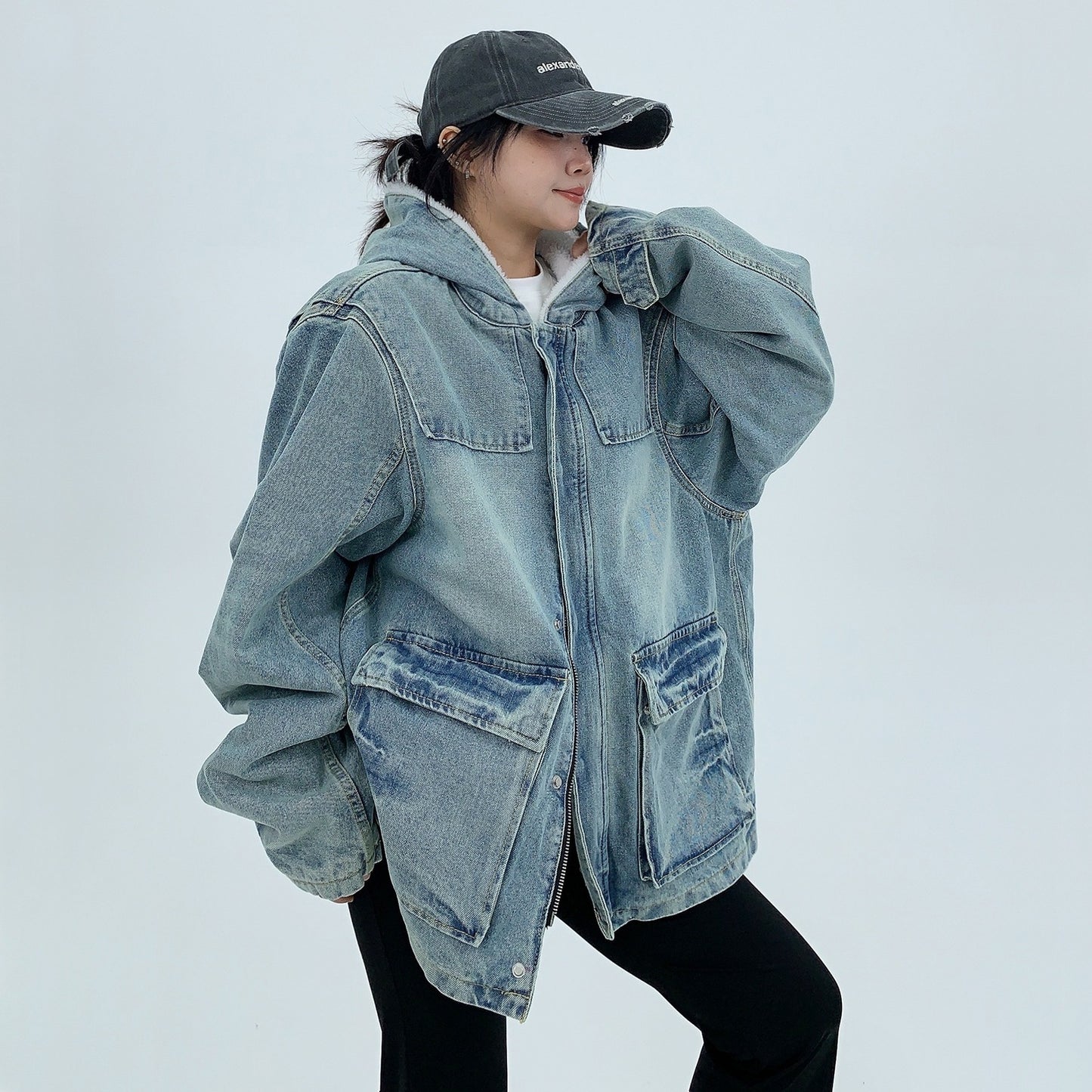 【アウター】レトロ ヴィンテージ加工 春秋 デニム シープボア フード付き ジャケット 【FCシリーズ】