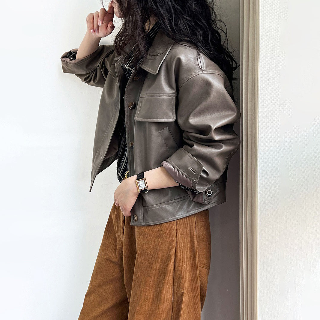 【アウター】春秋 おしゃれ PU レザージャケット ラペル バイク ショートジャケット【SNシリーズ】