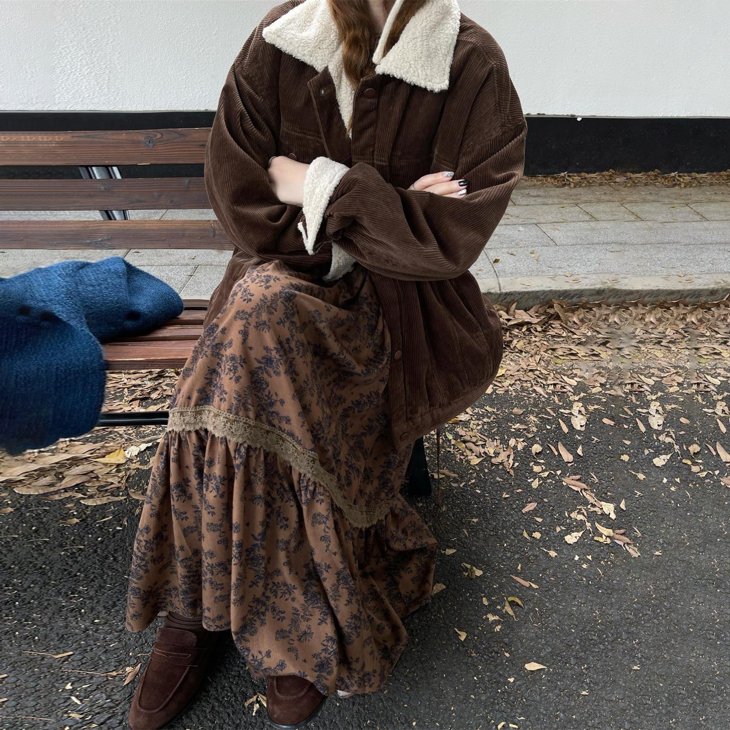 【ワンピース】春秋冬 韓国風 メイラード 切り替え レース 花柄 長袖ワンピース【SHシリーズ】