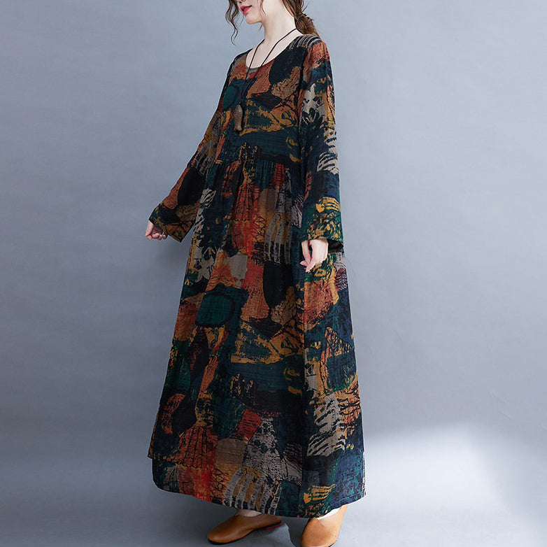 【ワンピース】花柄 大きいサイズ レトロ ラウンドネック 長袖 プリント ワンピース 春秋新作ドレス【SHシリーズ】