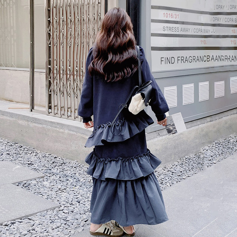 【ワンピース】フリル 長袖ワンピース レディース ミディアム丈 フレンチデザイン カジュアル&フェミニン スウェットワンピ【SHシリーズ】