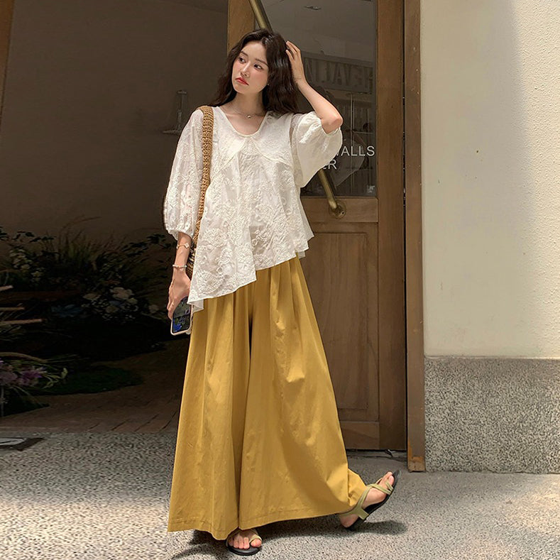 2点セット!【セットアップ】カジュアルで若見え 刺繍シャツ+ワイドパンツ 上下セット おしゃれ 2点セット 爆売れアイテム【JZシリーズ】