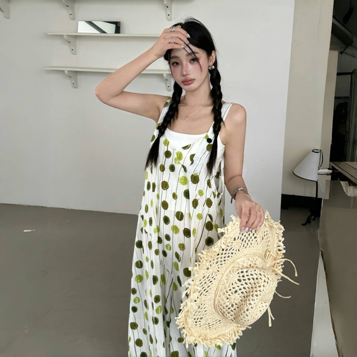 【ボトムス】カジュアル シック 夏新作 気質Vネック ヴィンテージドット ジャンプスーツ【SHシリーズ】