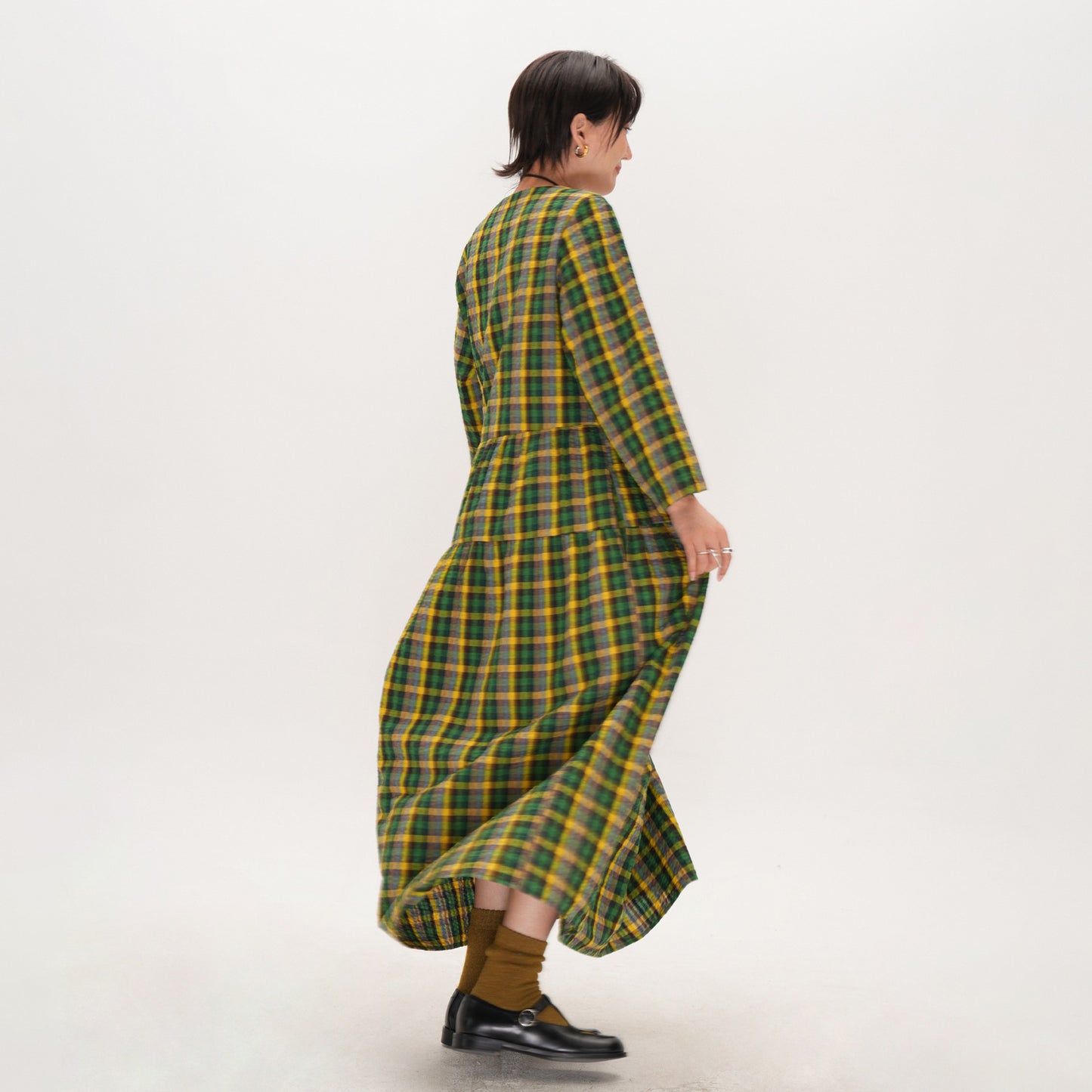 【ワンピース】レトロ チェック ワンピース レディース ゆったり 体型カバー 大きいサイズ ミディアム丈 長袖 デザイン感 ワンピース【SHシリーズ】