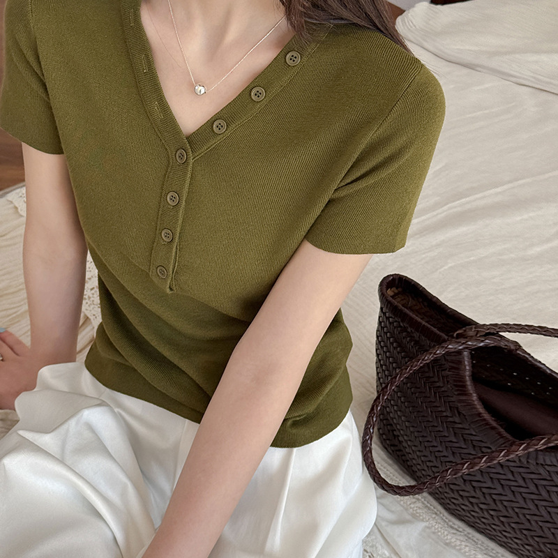 【トップス】Vネック ニットトップス レディース 春新作 半袖 フィット 体型カバー きれいめ カジュアル【JZシリーズ】