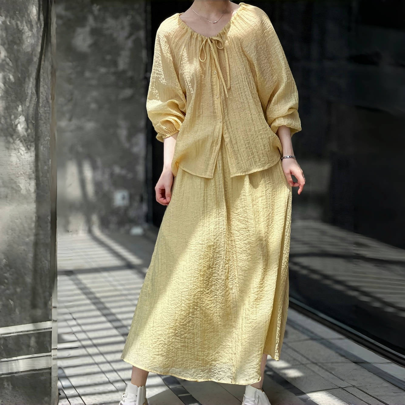 【セットアップ】気質よい あつさりシャーリング 春夏 シャツ+スカート 上下セット【SNシリーズ】